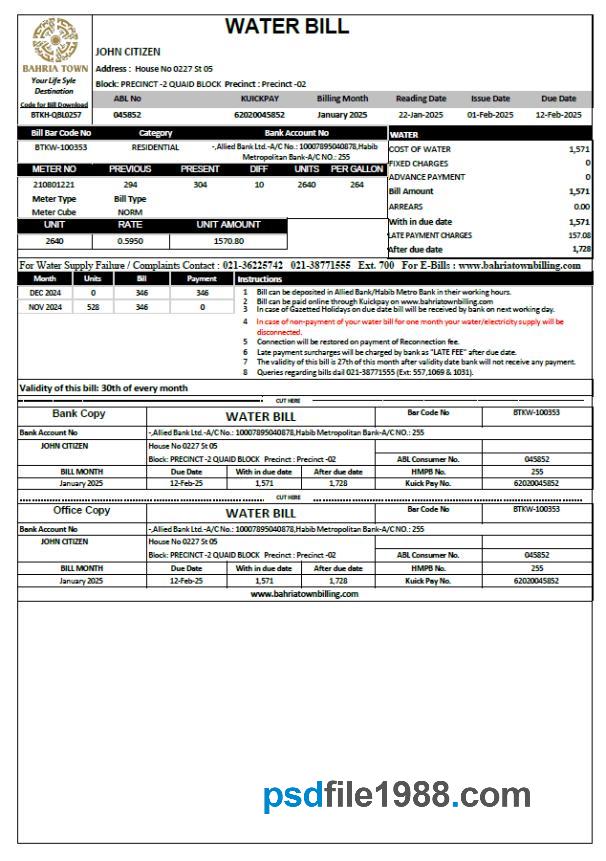 Pakistan Bahria Town Utility Bill